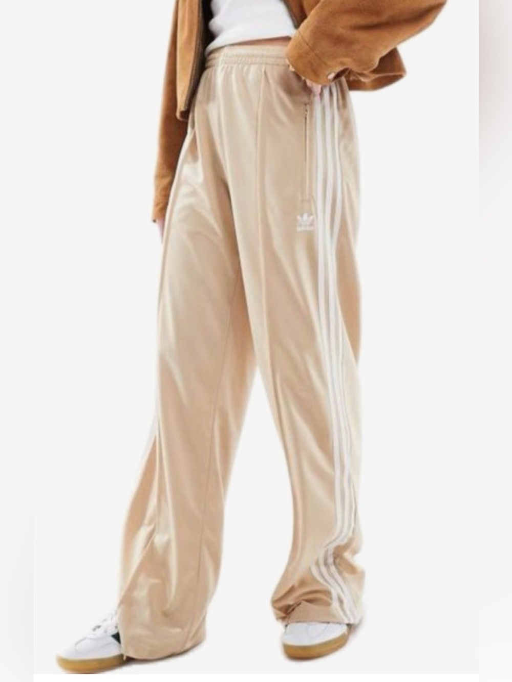 adidas firebird Beige Wide-Leg Three-Stripe Track Pants